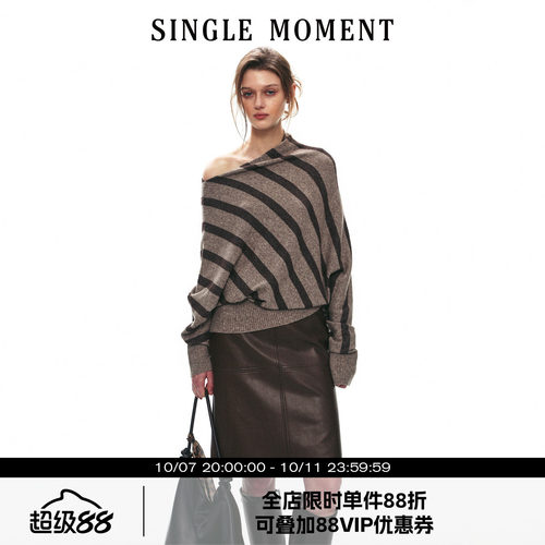 SINGLE MOMENT 26AW法式休闲风不对称一字斜肩松弛感套头毛衣上衣
