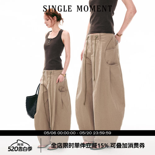 SINGLE MOMENT 26SS美式复古大口袋工装遛弯裤弯刀裤阔腿裤长裤女