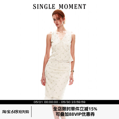 SINGLE MOMENT 26SS夏季法式V领手缝钉珠挂脖无袖背心上衣女