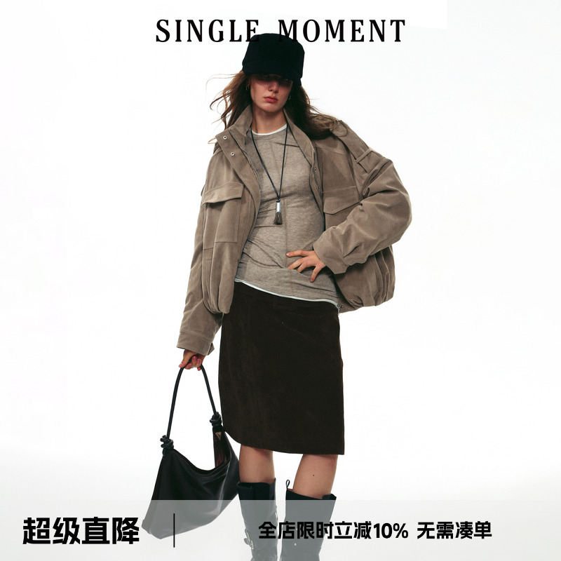 SINGLE MOMENT 25AW法式秋冬绒面褶皱工装大口袋棉衣夹克外套女
