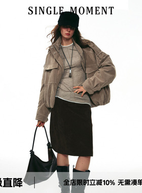 SINGLE MOMENT 25AW法式秋冬绒面褶皱工装大口袋棉衣夹克外套女