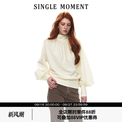 SINGLE MOMENT 26AW法式通勤智式小高领塔克褶长袖衬衫上衣女秋