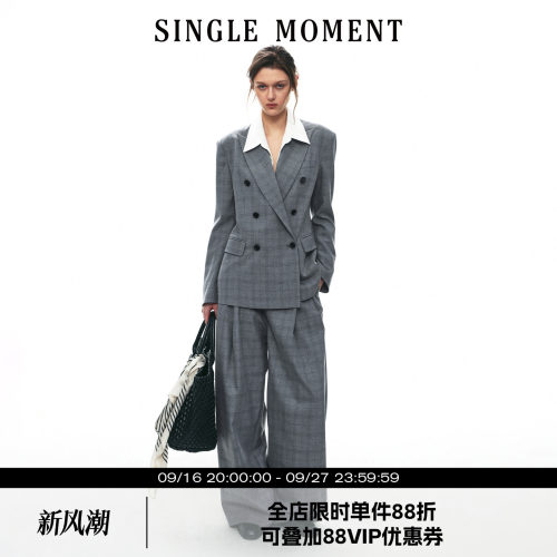SINGLE MOMENT 26AW法式双排扣可脱卸衬衫领格纹宽松西装外套女