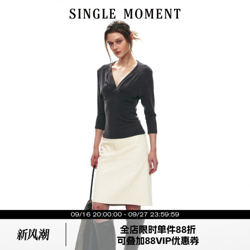 SINGLE MOMENT 26AW法式都市通勤深V收褶七分袖套头针织T恤上衣女