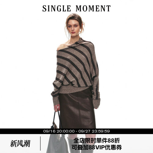 SINGLE MOMENT 26AW法式休闲风不对称一字斜肩松弛感套头毛衣上衣