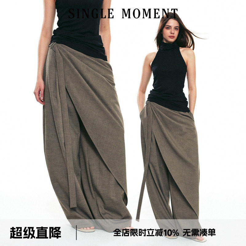 SINGLE MOMENT 25SS秋季新款羊毛混纺多层次飘带休闲阔腿西裤女图片
