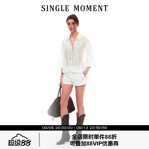 SINGLE MOMENT 26SS夏季法式V领花苞袖宽松肌理感条纹衬衫上衣女