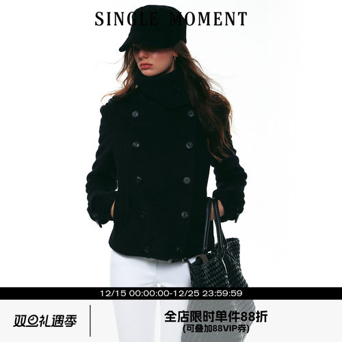 SINGLE MOMENT 25AW法式时尚经典双排扣正肩斜纹羊毛立领短外套女