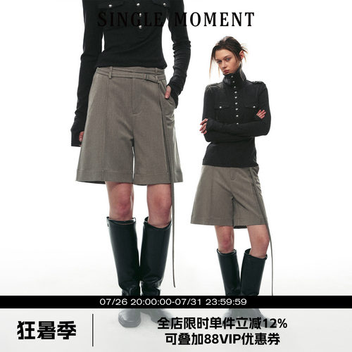 SINGLE MOMENT 26AW法式休闲双腰带磨毛呢料西装中裤休闲裤短裤女