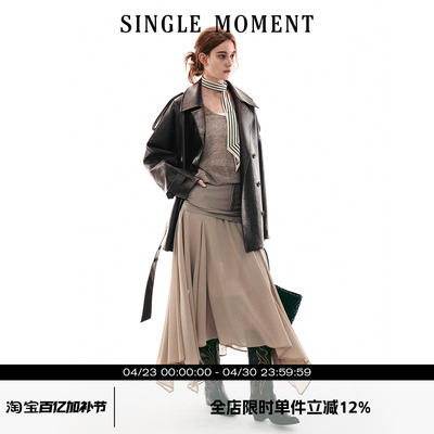 SINGLE MOMENT 26SS法式PU皮短款收腰宽松系带长袖风衣外套上衣女