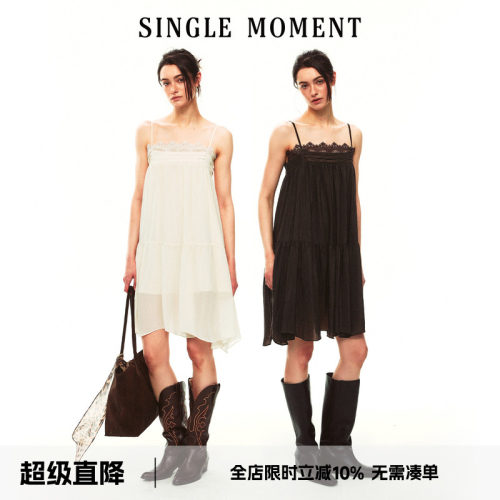 SINGLE MOMENT 26SS夏季法式休闲宽松蕾丝边塔克吊带褶皱上衣女