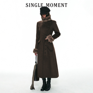 SINGLE MOMENT 26AW法式通勤可拆卸毛领斜门襟修身毛呢大衣外套女