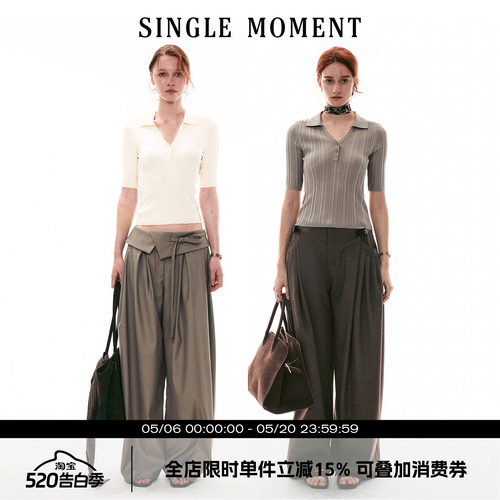SINGLE MOMENT 26SS法式坑条五分袖套头针织衫百搭POLO杉上衣女
