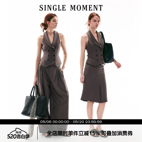 SINGLE MOMENT 26SS法式复古青果领双排扣修身西装马甲西裤套装女