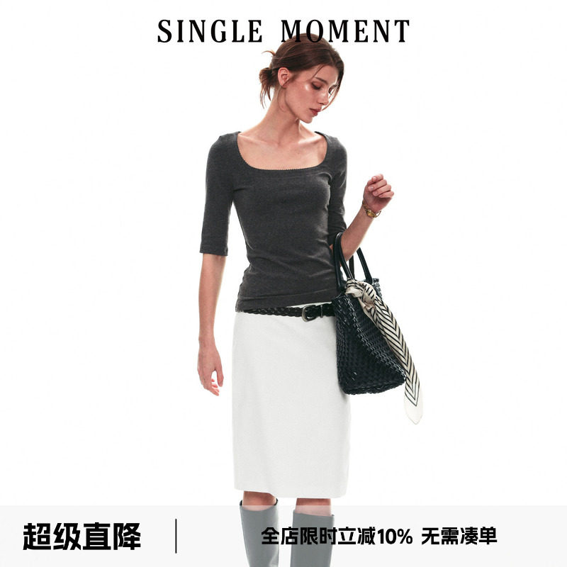 SINGLE MOMENT 26SS法式夏季U领五分袖修身针织T恤短袖上衣女