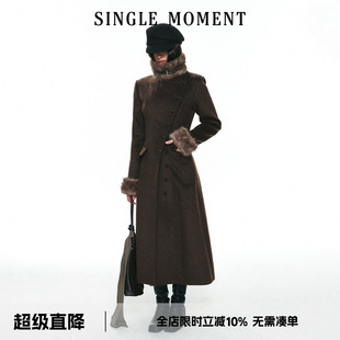 SINGLE MOMENT 26AW法式通勤可拆卸毛领斜门襟修身毛呢大衣外套女