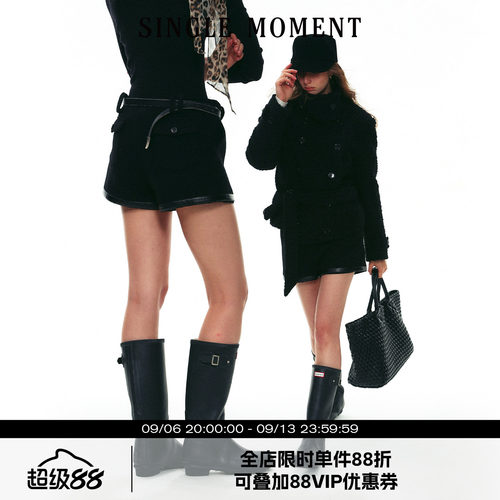 SINGLE MOMENT 25AW法式秋冬羊毛休闲直筒宽松圈圈毛拼皮短裤女