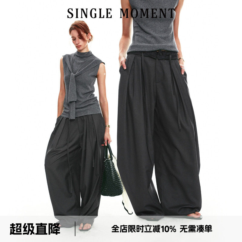 SINGLE MOMENT 26SS法式夏季抽褶花边拼色腰头休闲裤阔腿长裤女图片