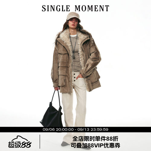 SINGLE MOMENT 25AW法式中长款灯芯绒毛领拼接工装外套派克服女
