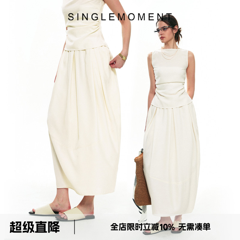 SINGLE MOMENT 25SS夏季新款法式气质显瘦褶中褶花苞风铃半身裙女