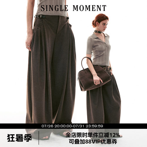 SINGLE MOMENT 26SS法式复古皮袢宽松裥褶休闲直筒宽松西裤阔腿裤