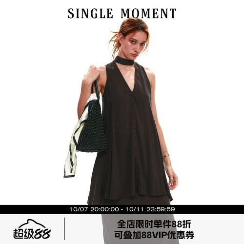 SINGLE MOMENT 26SS夏季法式铜氨丝A字V领飘带无袖宽松连衣裙女