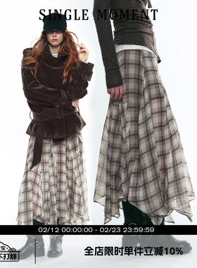 SINGLE MOMENT 25AW秋季苏格兰风飘逸感格纹不对称半身裙长裙女