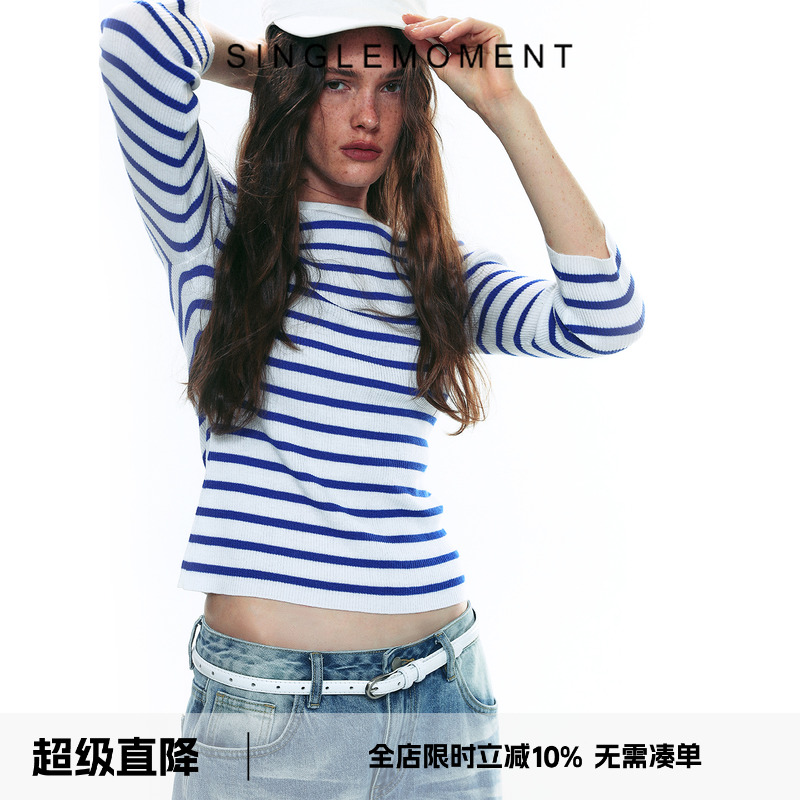 SINGLE MOMENT 25AW美利奴羊毛撞色条纹圆领八分袖针织衫T恤上衣