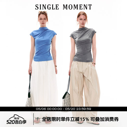 SINGLE MOMENT 26SS法式夏季半高领小飞袖修身褶皱T恤无袖上衣女