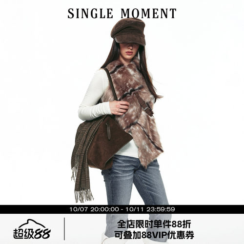 SINGLE MOMENT 26AW法式通勤斜门襟皮袢环保皮草保暖马甲外套女冬
