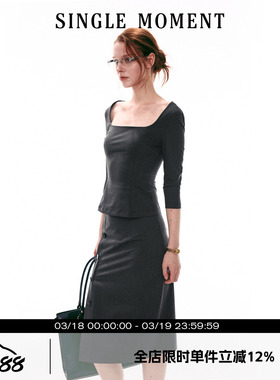 SINGLE MOMENT 26SS法式方领通勤修身显瘦五分袖上衣T恤套装女