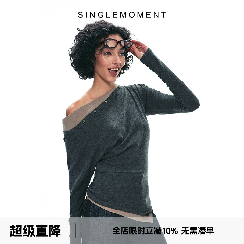 SINGLEMOMENT斜肩假两件打底衫