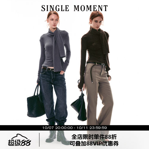 SINGLE MOMENT 26SS法式质感高领绑带针织坑条长袖套头T恤上衣女