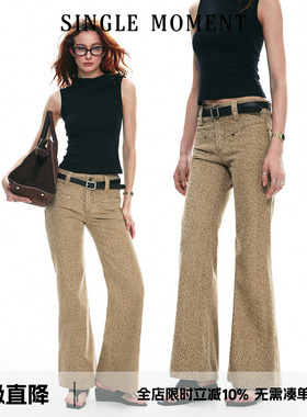 SINGLE MOMENT 25SS做旧古着原创豹纹印花显瘦直筒微喇牛仔裤长裤