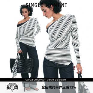 T恤打底衫 25SS斜肩假两件撞色条纹长袖 弹力上衣女 MOMENT SINGLE