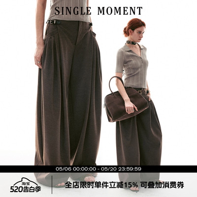 SINGLE MOMENT 26SS法式复古皮袢宽松裥褶休闲直筒宽松西裤阔腿裤