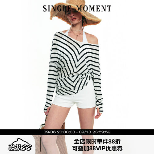 SINGLE MOMENT 25SS夏季法式一字设计感天丝条纹长袖防晒T恤上衣