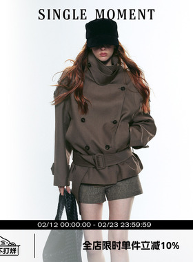 SINGLE MOMENT 25AW法式复古大立领宽肩短款双排扣系腰风衣外套女