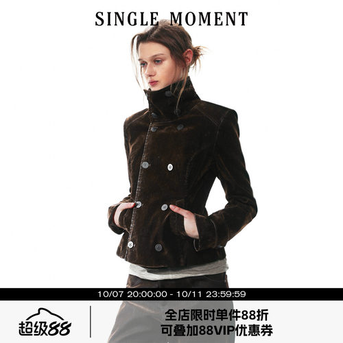 SINGLE MOMENT 26AW法式通勤复古高领短款丝绒工装外套长袖夹克女