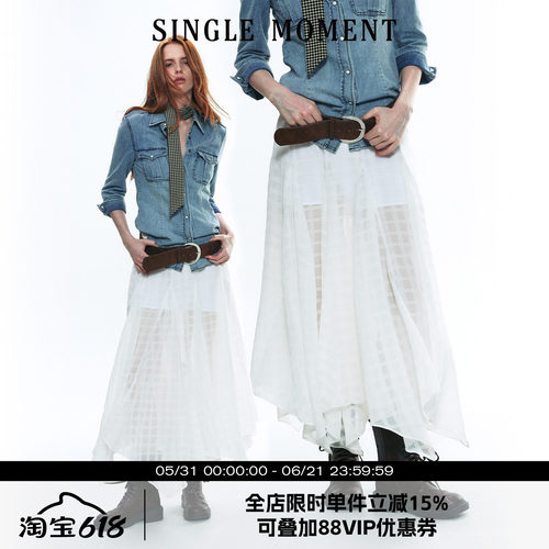SINGLE MOMENT 25AW秋季苏格兰风纯白格纹不对称半身裙长裙女
