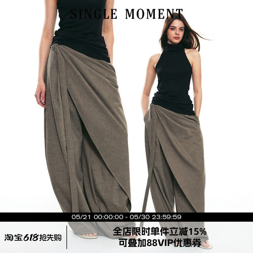 SINGLE MOMENT 25SS秋季新款羊毛混纺多层次飘带休闲阔腿西裤女