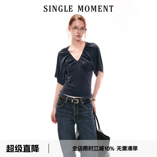 SINGLE MOMENT 26SS法式夏季休闲抽褶V领蝙蝠袖T恤上衣宽松短袖女