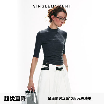 SINGLE MOMENT 25SS天丝针织半高领运动休闲显瘦修身打底衫短袖女