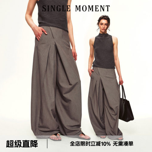 SINGLE MOMENT 26SS夏季法式宽松压褶垂感不规则门襟西裤休闲长裤