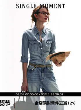 SINGLE MOMENT 2025SS春季复古水洗做旧牛仔衬衫女宽松休闲上衣女