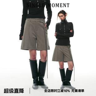 SINGLE MOMENT 26AW法式休闲双腰带磨毛呢料西装中裤休闲裤短裤女