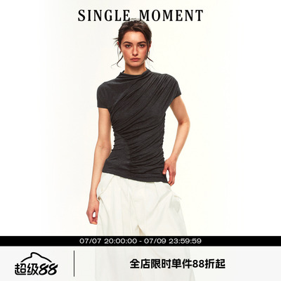 SINGLE MOMENT 26SS夏季法式休闲小高领抽皱修身T恤短袖上衣女