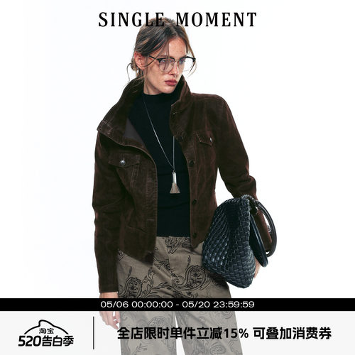 SINGLE MOMENT 25AW法式复古竹节植绒斜纹短款机车夹克外套上衣女