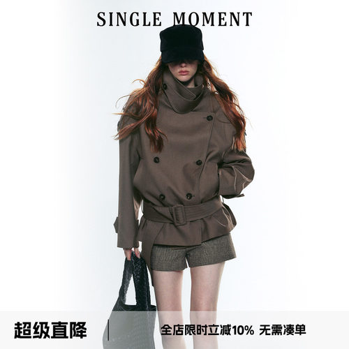 SINGLE MOMENT 25AW法式复古大立领宽肩短款双排扣系腰风衣外套女