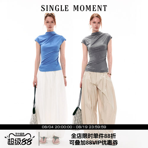 SINGLE MOMENT 26SS法式夏季半高领小飞袖修身褶皱T恤无袖上衣女